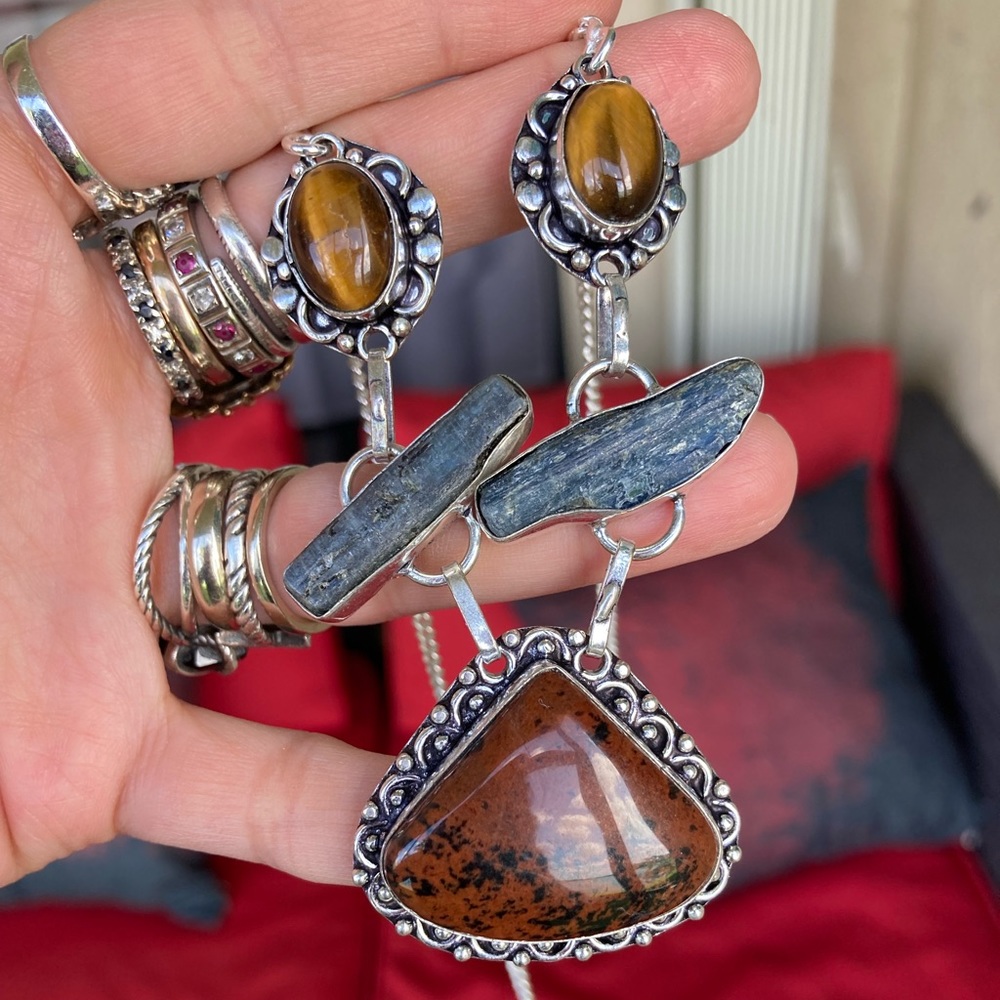 925 sterling silver overlay red jasper tiger eye kyanite gemstone boho necklace - Picture 4 of 16